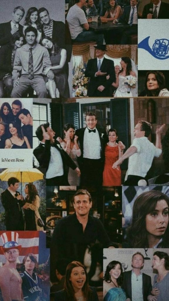 How I Met Your Mother collage wallpaper featuring iconic characters Ted Marshall Lily Barney Robin and symbols