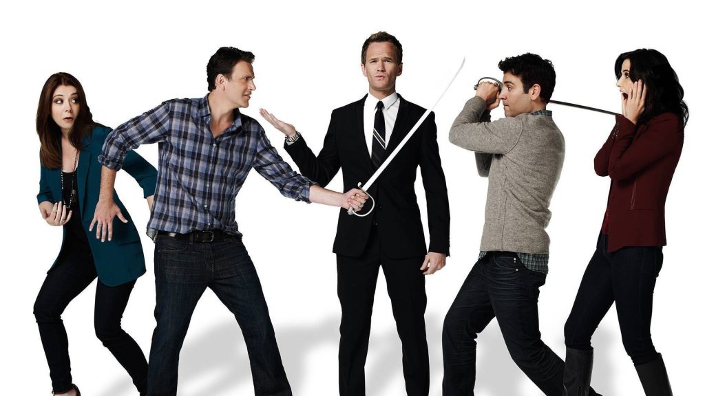 How I Met Your Mother cast playful sword duel studio portrait wallpaper background