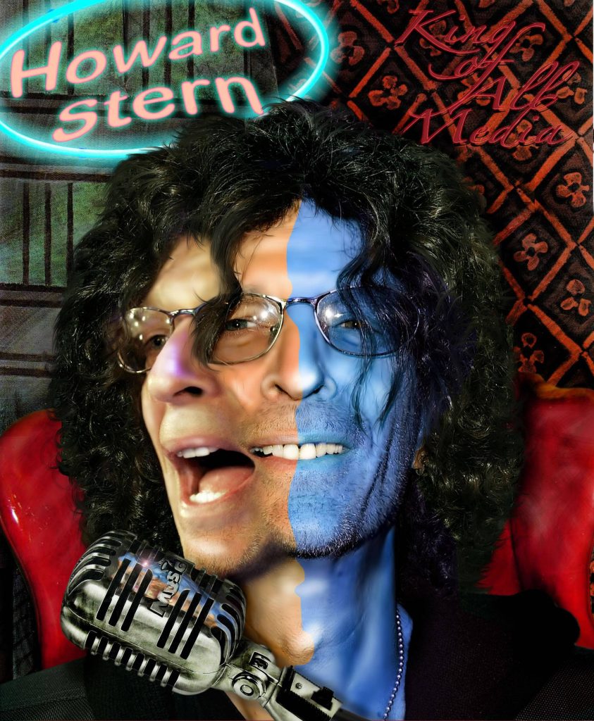 Surreal digital art of Howard Stern split face natural and blue glasses neon King of All Media wallpaper