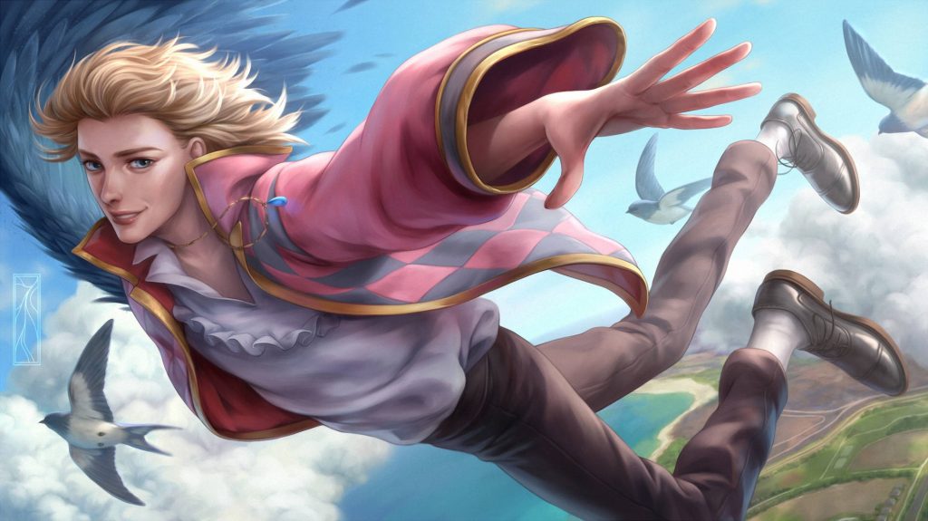 Howl Jenkins Pendragon soaring with dark wings above clouds in bright sky digital art wallpaper