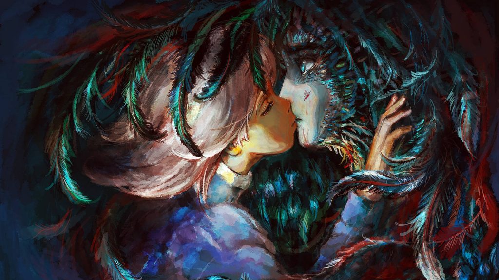 Howl and Sophie romantic scene digital art wallpaper vibrant blues deep reds Studio Ghibli