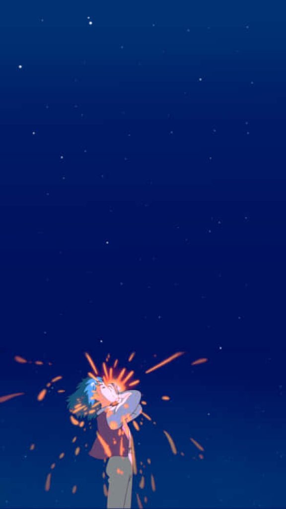 Minimalist Howl wallpaper with glowing orange sparks in starry night sky from Howls Moving Castle