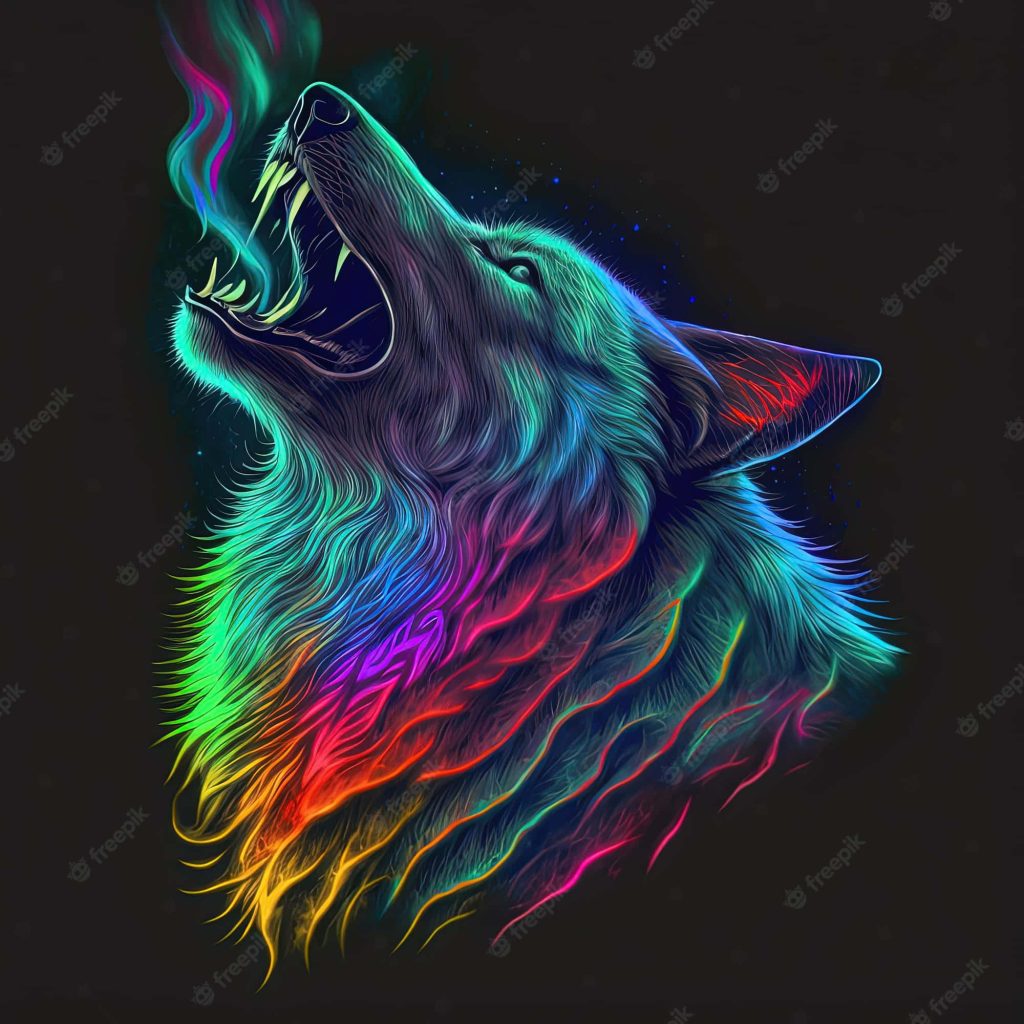 Howling rainbow wolf digital art with neon fur glowing against dark vibrant background wallpaper