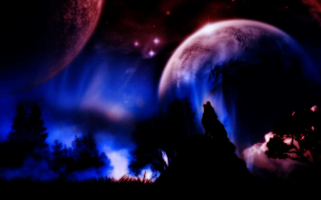 Howling Wolf Silhouette Wallpaper: Mystical Night Sky Background