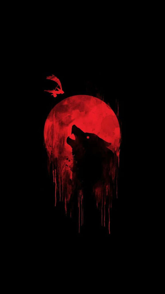 Howling Wolf Silhouette Wallpaper Against Dramatic Red Moon