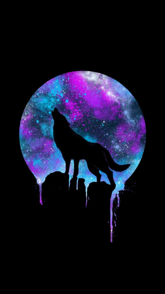 Cosmic Moon Wolf Howling - Vibrant Galaxy Background Wallpaper