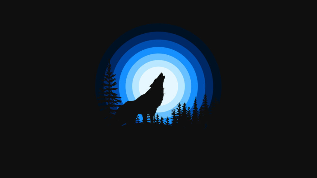 Howling Wolf Silhouette Wallpaper with Blue Circles & Tree Outlines