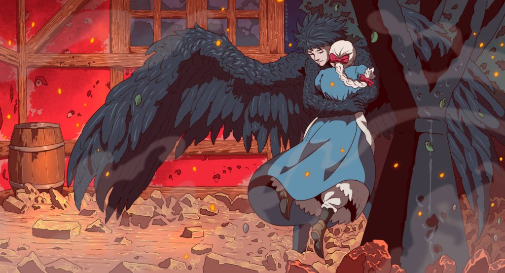 Howl's Moving Castle anime wallpaper Howl in bird form embracing Sophie fiery background