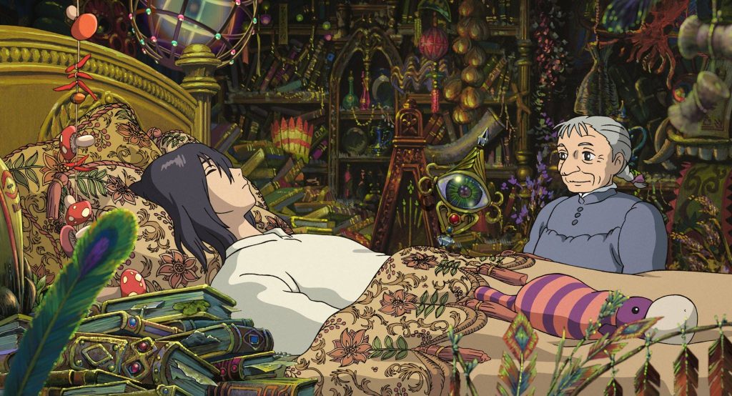 Sophie watching sleeping Howl in cozy magical bedroom Howls Moving Castle anime wallpaper