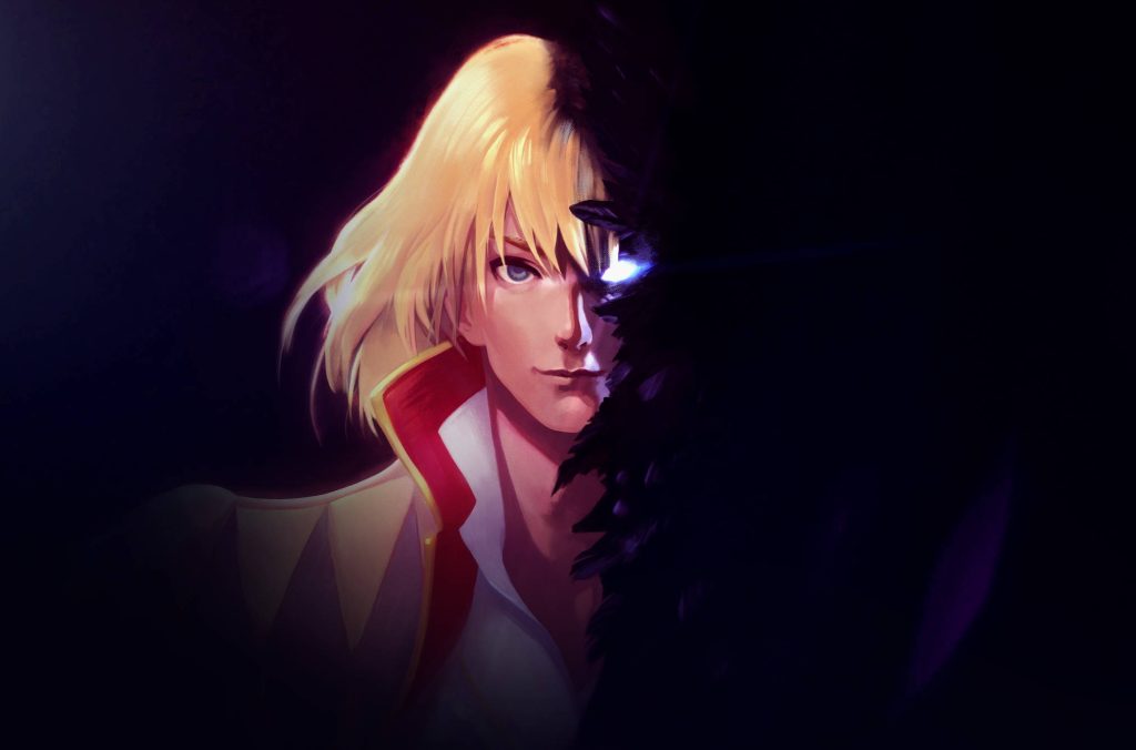 Howl's Moving Castle digital art wallpaper with blonde Howl and dark feathered monster form