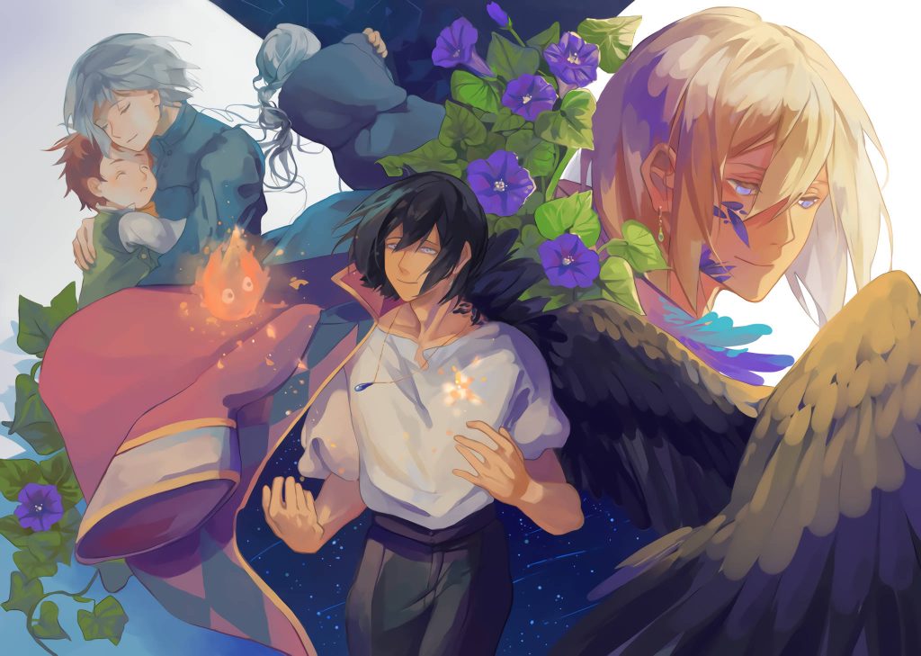 Howl's Moving Castle digital art with Howl, Calcifer, purple morning glories, and starry sky Wallpaper