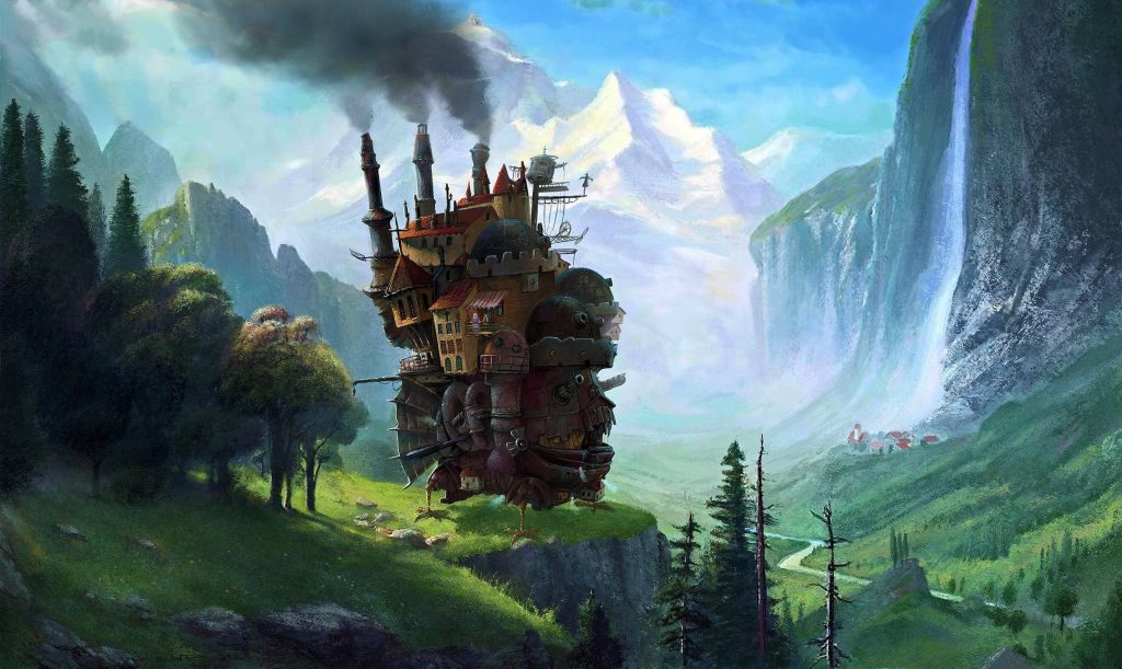 Howls Moving Castle digital art on cliffside overlooking waterfall and vibrant mountain valley Wallpaper