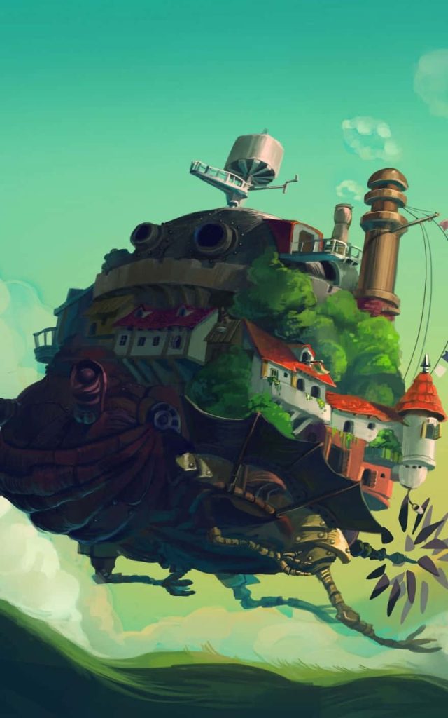 Howls Moving Castle phone wallpaper digital art floating mechanical fortress bright sky background