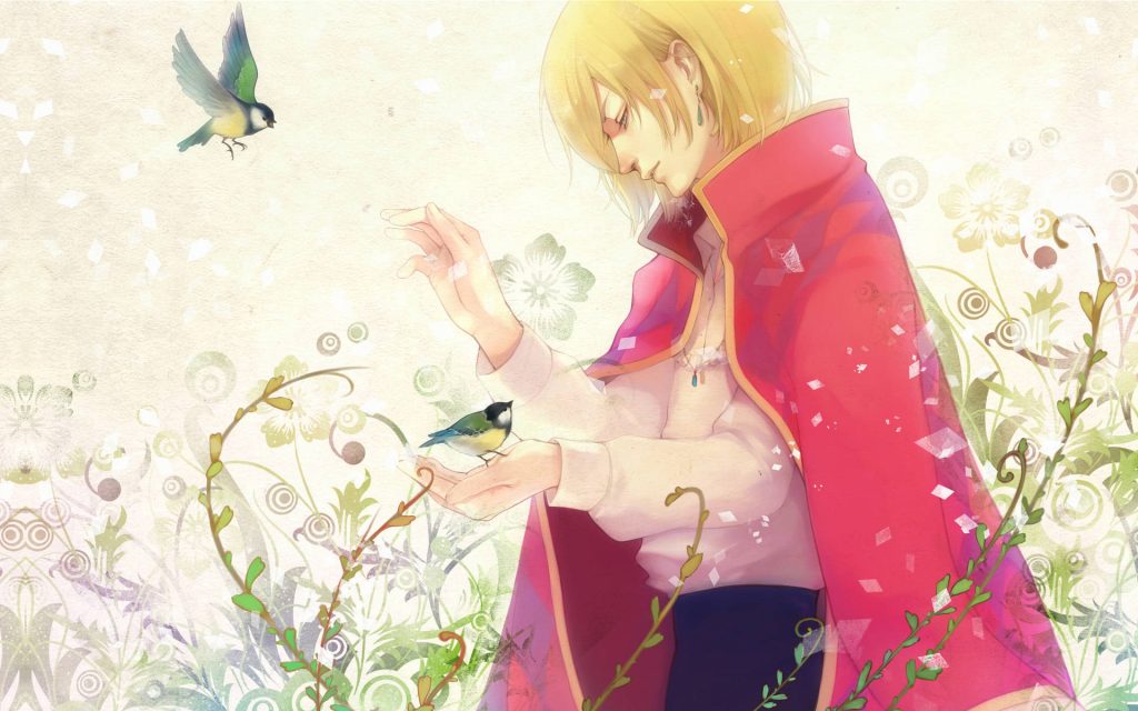 Howl's Moving Castle wallpaper with Howl Pendragon holding bird in soft floral digital art