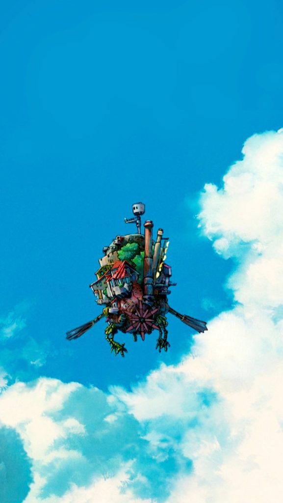 Howls Moving Castle phone wallpaper with iconic fortress in vibrant blue sky and clouds