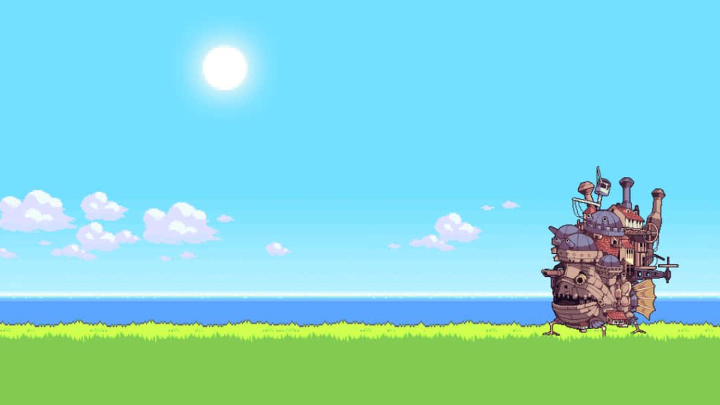 Howls Moving Castle pixel art wallpaper with mechanical fortress on green field under blue sky