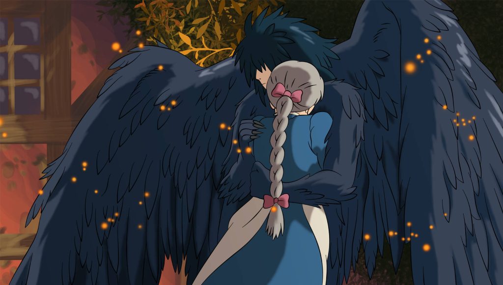 Romantic Howls Moving Castle wallpaper showing Howl in bird form embracing Sophie with glowing amber light