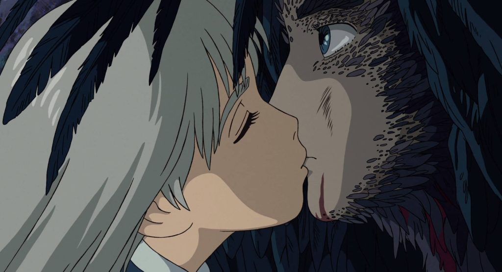 Howls Moving Castle wallpaper featuring Sophie and Howl’s iconic romantic kiss anime scene