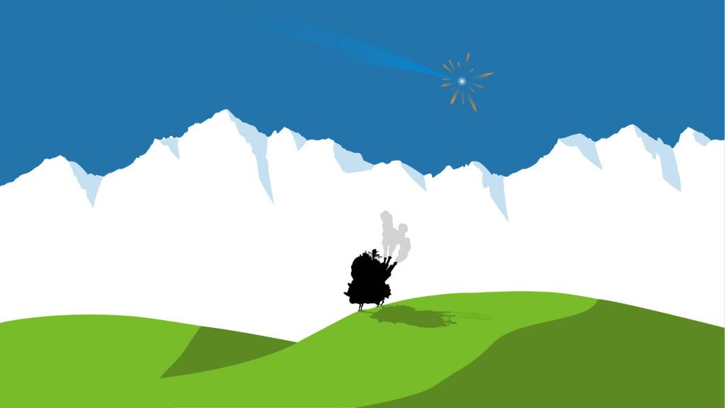 Minimalist Howl's Moving Castle silhouette on green hills with mountains and shooting star wallpaper