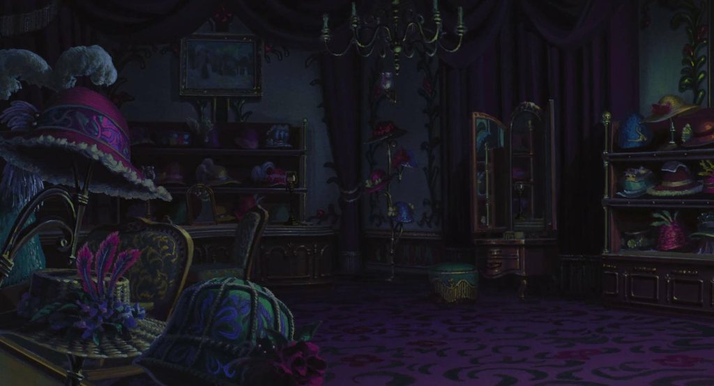 Cozy Howls Moving Castle hat shop anime wallpaper with ornate hats and vintage lighting