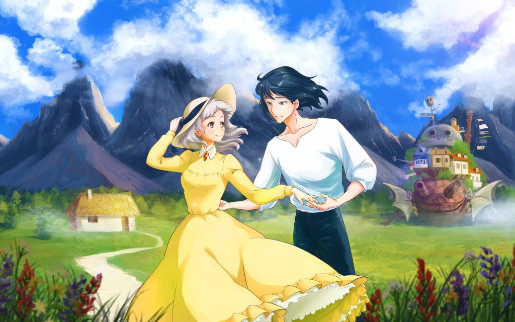 Sophie and Howl dancing in sunny meadow with Howls Moving Castle and mountains background wallpaper