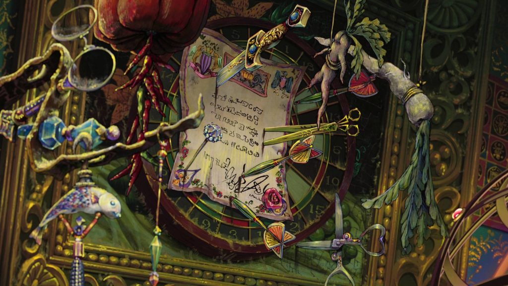 Howls Moving Castle wallpaper showing the Kings Letter in a magical cluttered workshop scene