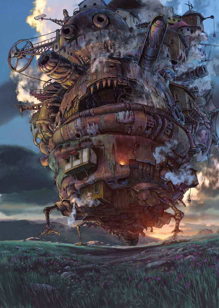 Howls Moving Castle steampunk fortress crossing grassy field at sunset anime wallpaper background