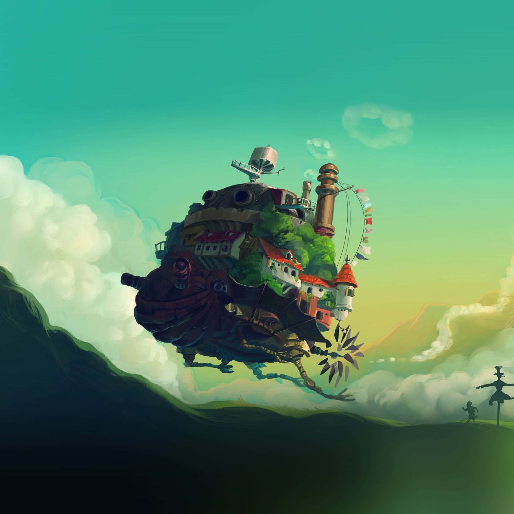 Howls Moving Castle flying over green landscape digital anime wallpaper with Turnip Head below