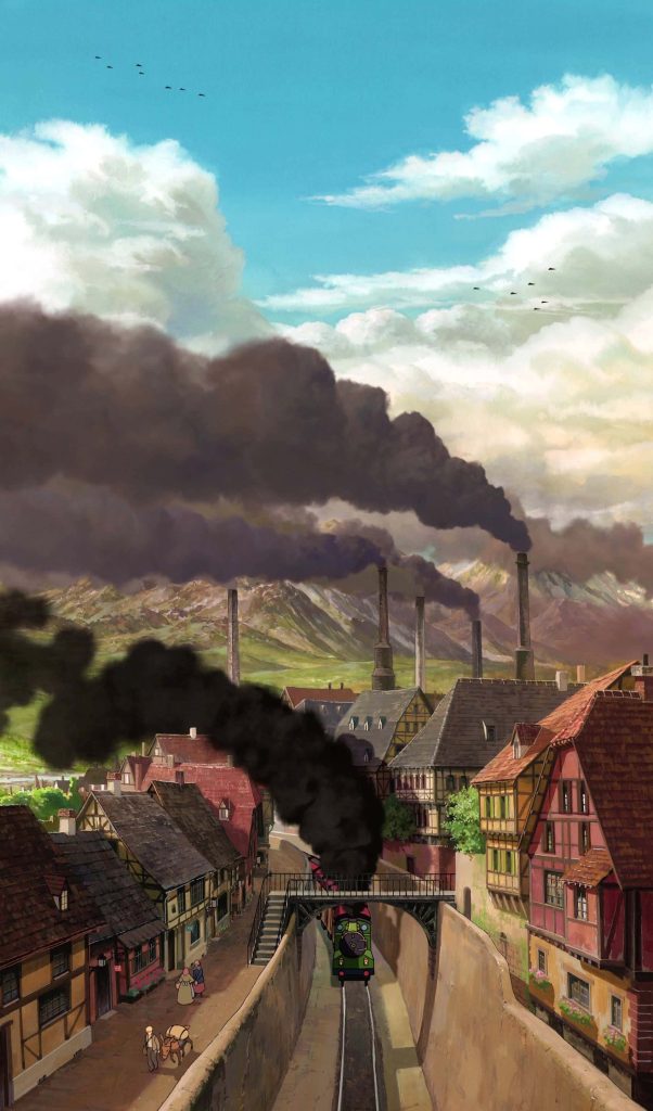 Whimsical Howls Moving Castle wallpaper green steam train European town industrial smokestacks