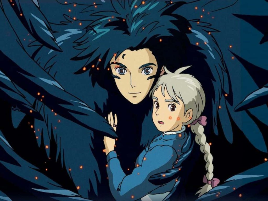 Howl in dark bird form embracing Sophie Hatter glowing embers Howls Moving Castle anime wallpaper