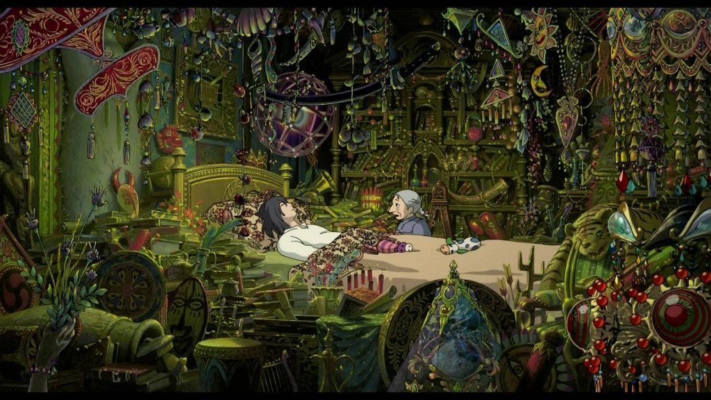 Howl’s Moving Castle anime wallpaper Howl sleeping in magical artifact-filled room with Sophie watching