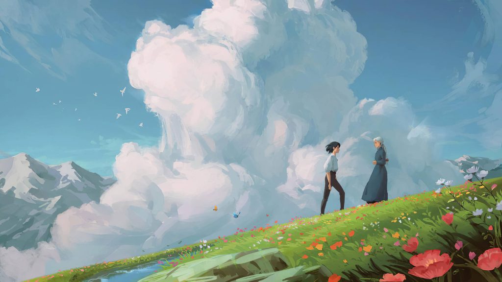 Howls Moving Castle anime wallpaper Howl and Sophie in flower meadow with mountains and blue sky