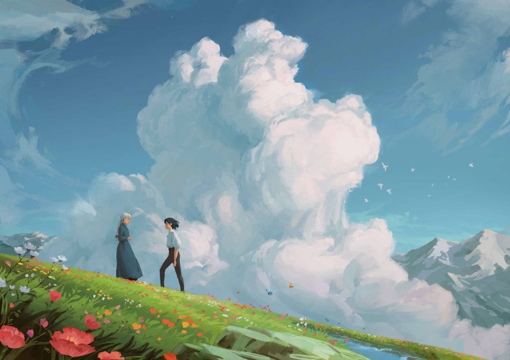Howls Moving Castle wallpaper with Howl and Sophie in vibrant wildflower meadow under blue sky
