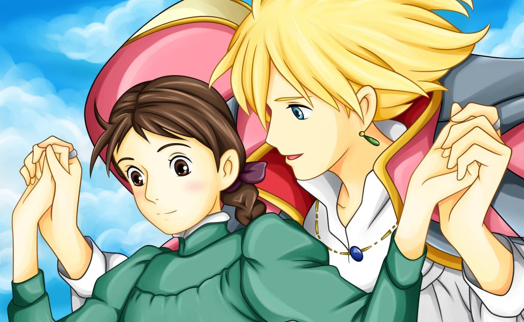 Howls Moving Castle wallpaper Sophie and Howl hand in hand bright sky Studio Ghibli anime art