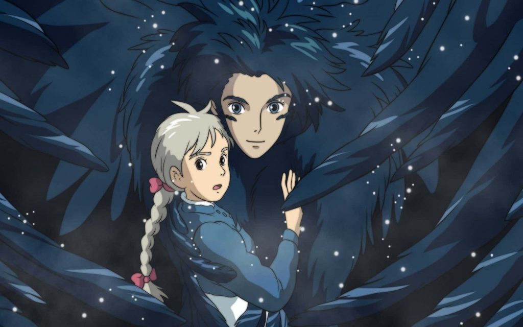 Howls Moving Castle wallpaper Sophie embraced by Howl dark bird form moody blue anime art