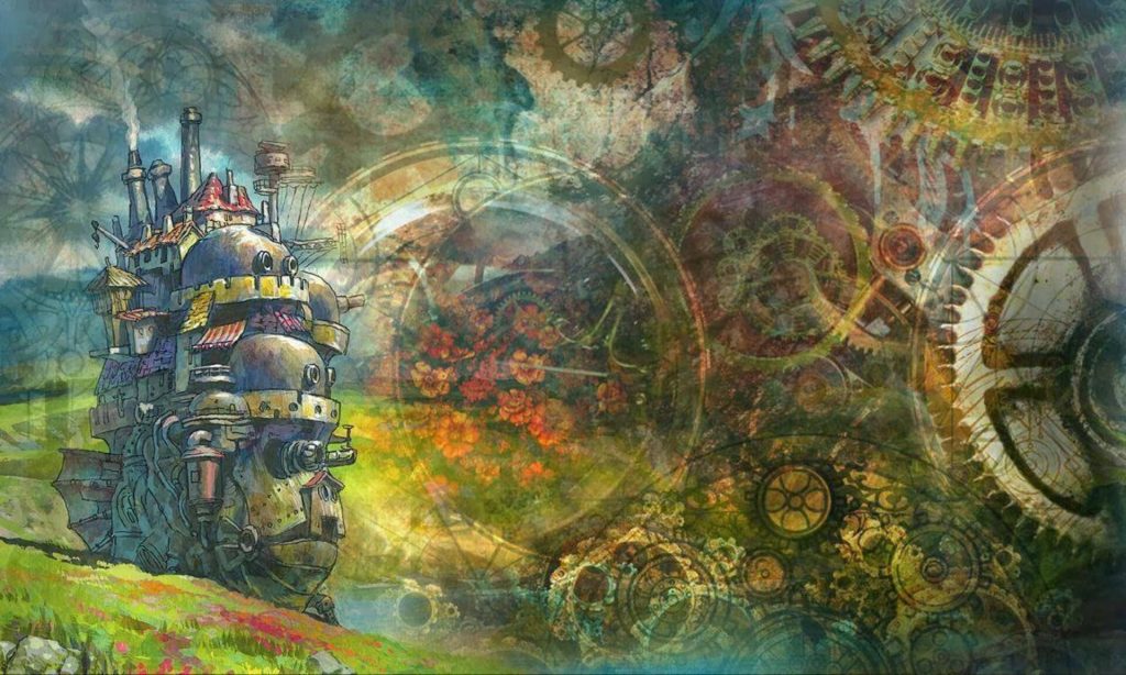 Howls Moving Castle wallpaper featuring detailed steampunk gears on vibrant hillside background