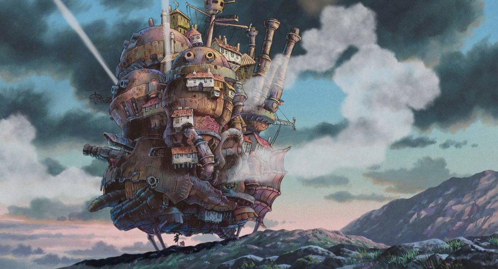 Howls Moving Castle wallpaper featuring steampunk fortress in rocky landscape under dark sky