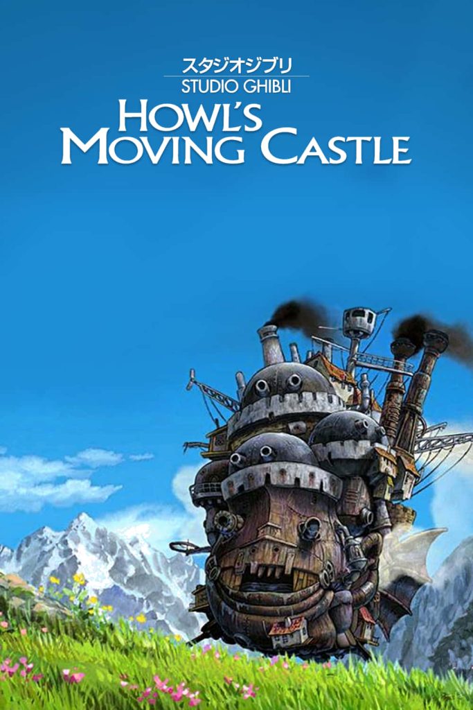 Howls Moving Castle in lush meadow with steam vents and snowy mountains Studio Ghibli wallpaper