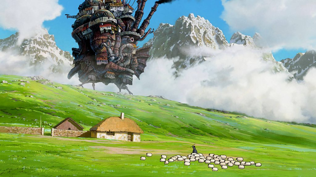 Howls Moving Castle wallpaper with mechanical fortress over green hills and snow mountains