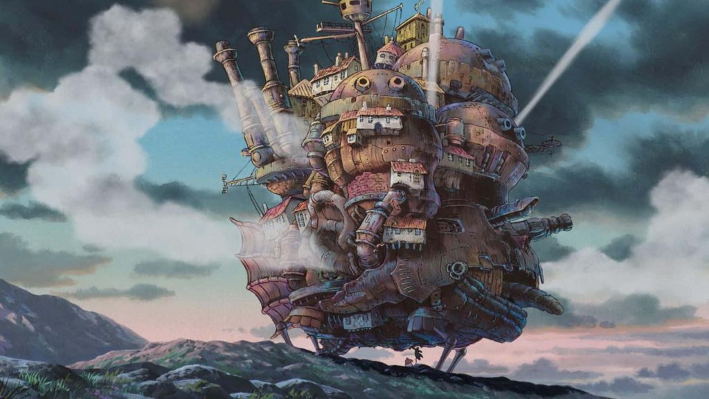 Howls Moving Castle anime wallpaper with detailed mechanical fortress on rocky hill under clouds