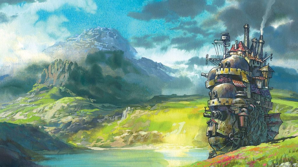 Howl's Moving Castle on green hills with mountains and lake fantasy wallpaper background art