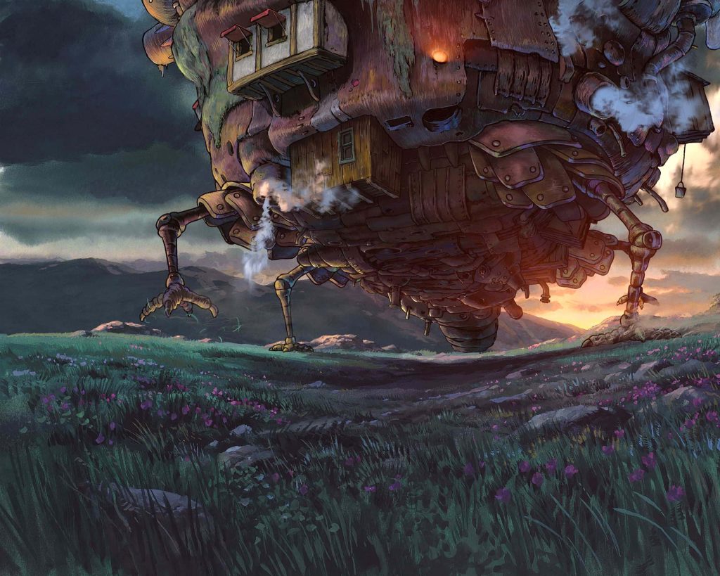 Howls Moving Castle wallpaper with mechanical fortress in flower meadow at glowing twilight sky