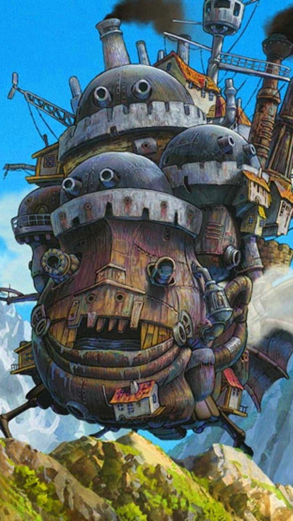 Howls Moving Castle anime wallpaper vibrant steampunk fortress bright mountain landscape background