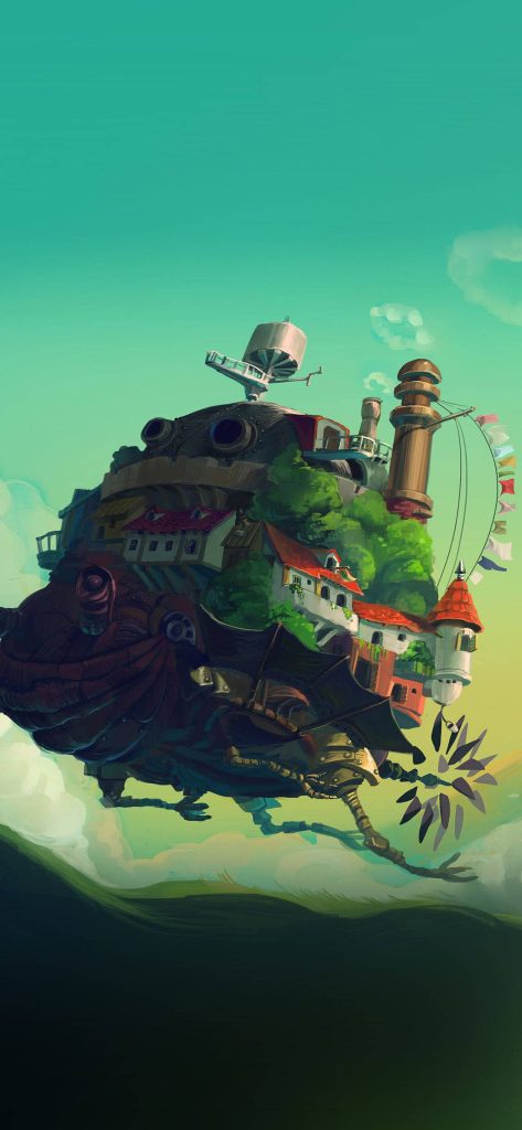 Howls Moving Castle iPhone wallpaper steampunk fortress in vibrant skies digital art background