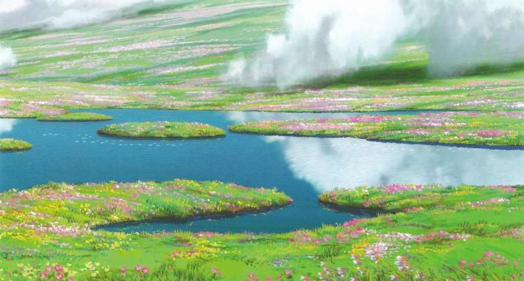 Howls Moving Castle secret garden meadow with wildflowers and tranquil blue pond anime wallpaper