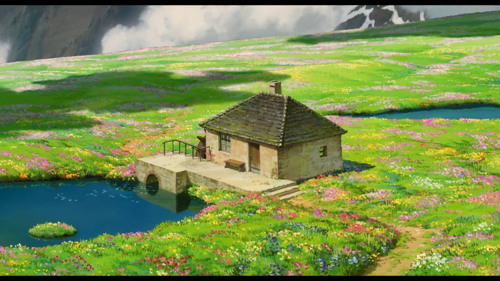 Howls Secret Garden anime wallpaper stone cottage by pond in sunlit wildflower meadow peaceful scene