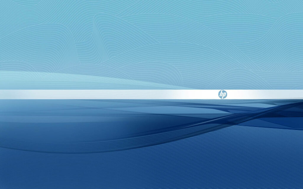 HP logo wallpaper with circular emblem on white stripe and flowing abstract blue wave background