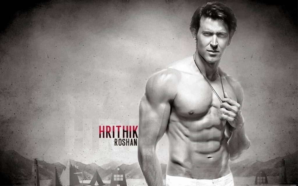 Hrithik Roshan shirtless black and white wallpaper showing muscular physique and confident pose
