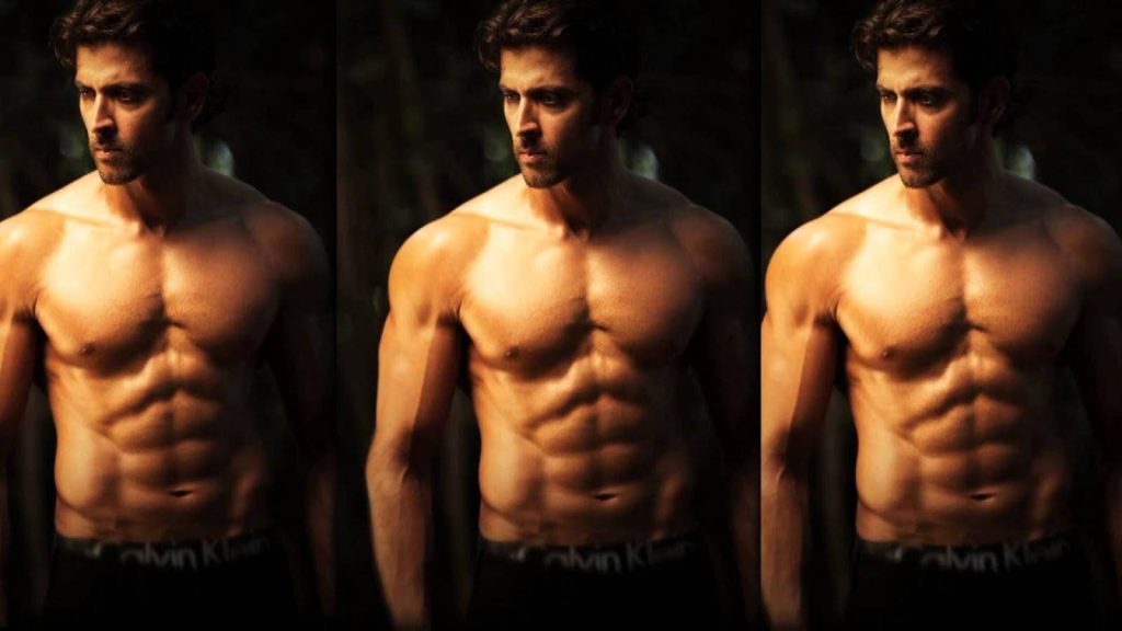 Hrithik Roshan triple split-screen wallpaper toned muscular physique Calvin Klein dark background