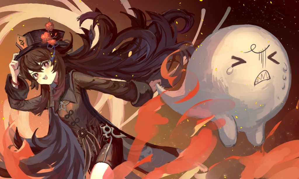 Hu Tao Genshin Impact wallpaper pyro user adjusting hat with fiery ghost anime style background